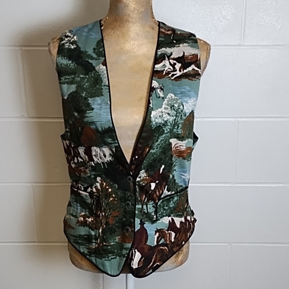 Vintage Crazy Horse Med Equestrian Print Button up Vest Pockets Lined